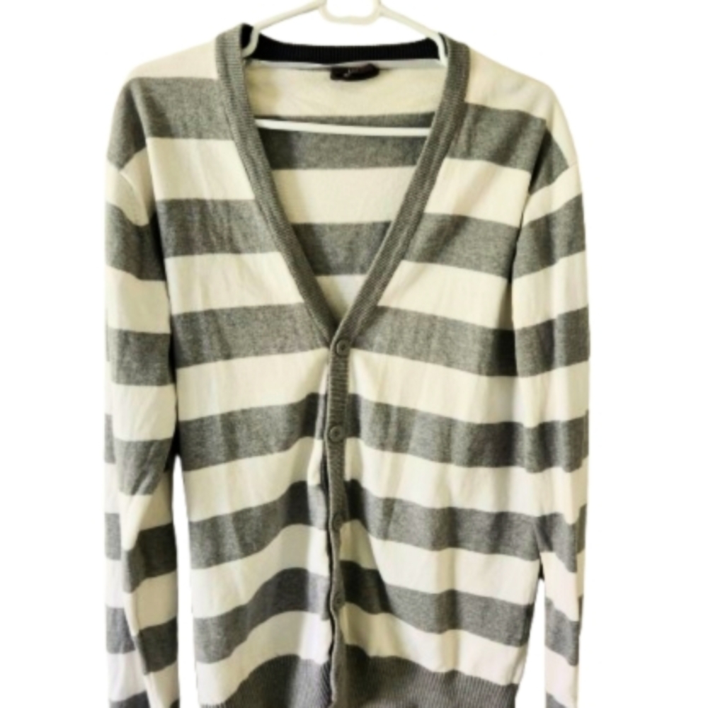 H&M Men Gray and White Cardigan Sweater Size L